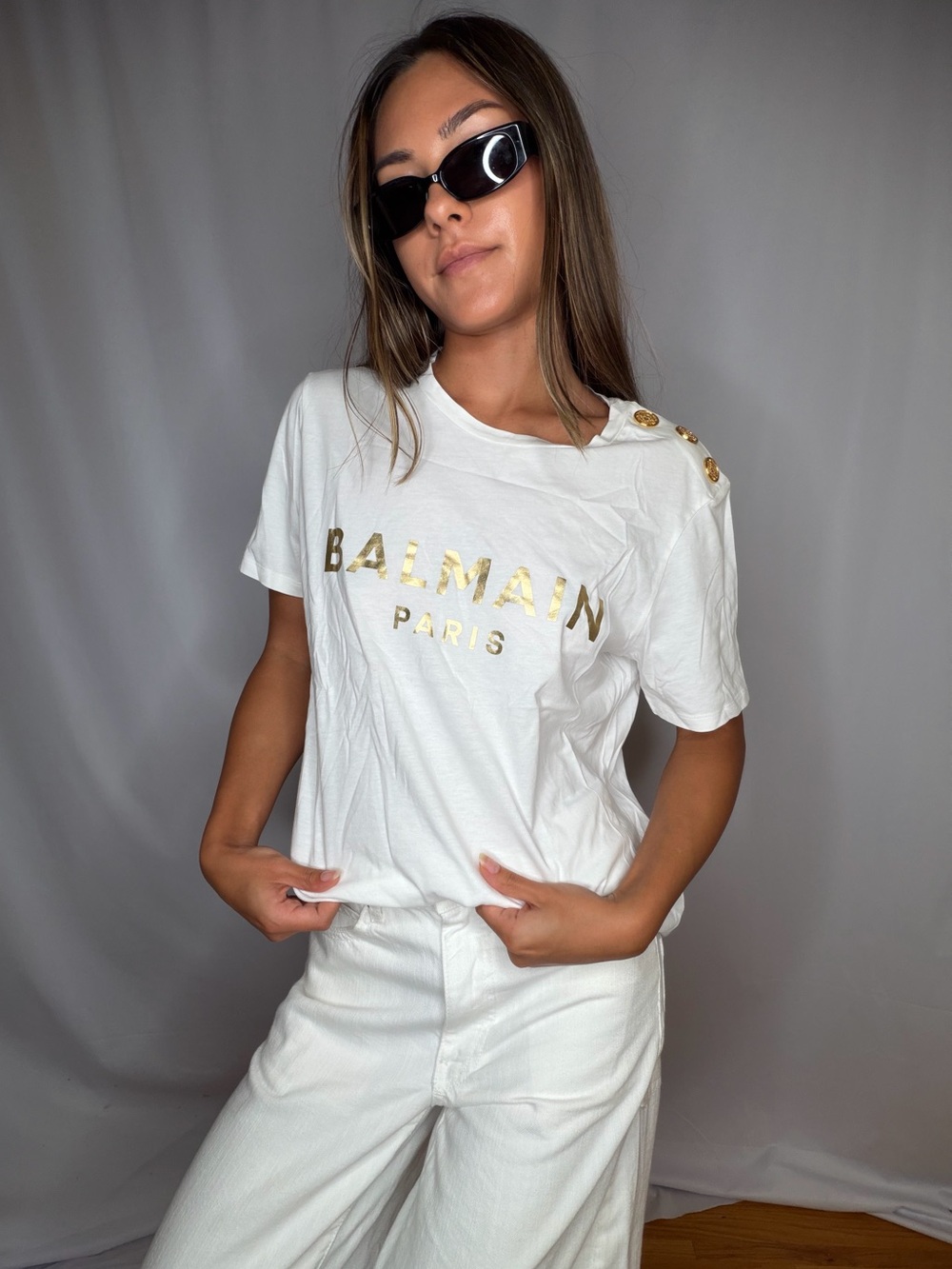 Balmain White Tee with Gold Logo and Decorative Shoulder Buttons